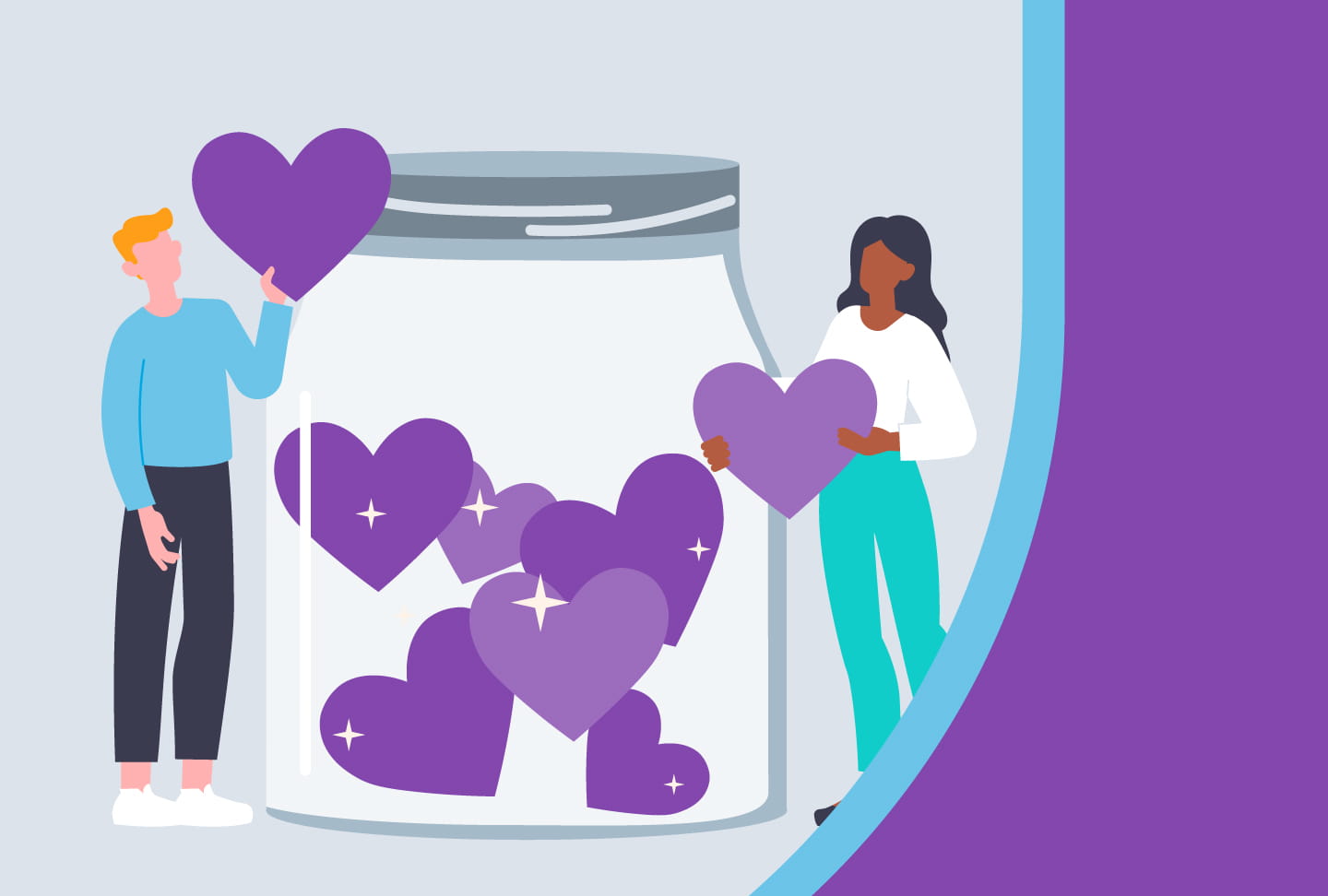 Illustration of people putting hearts in a jar