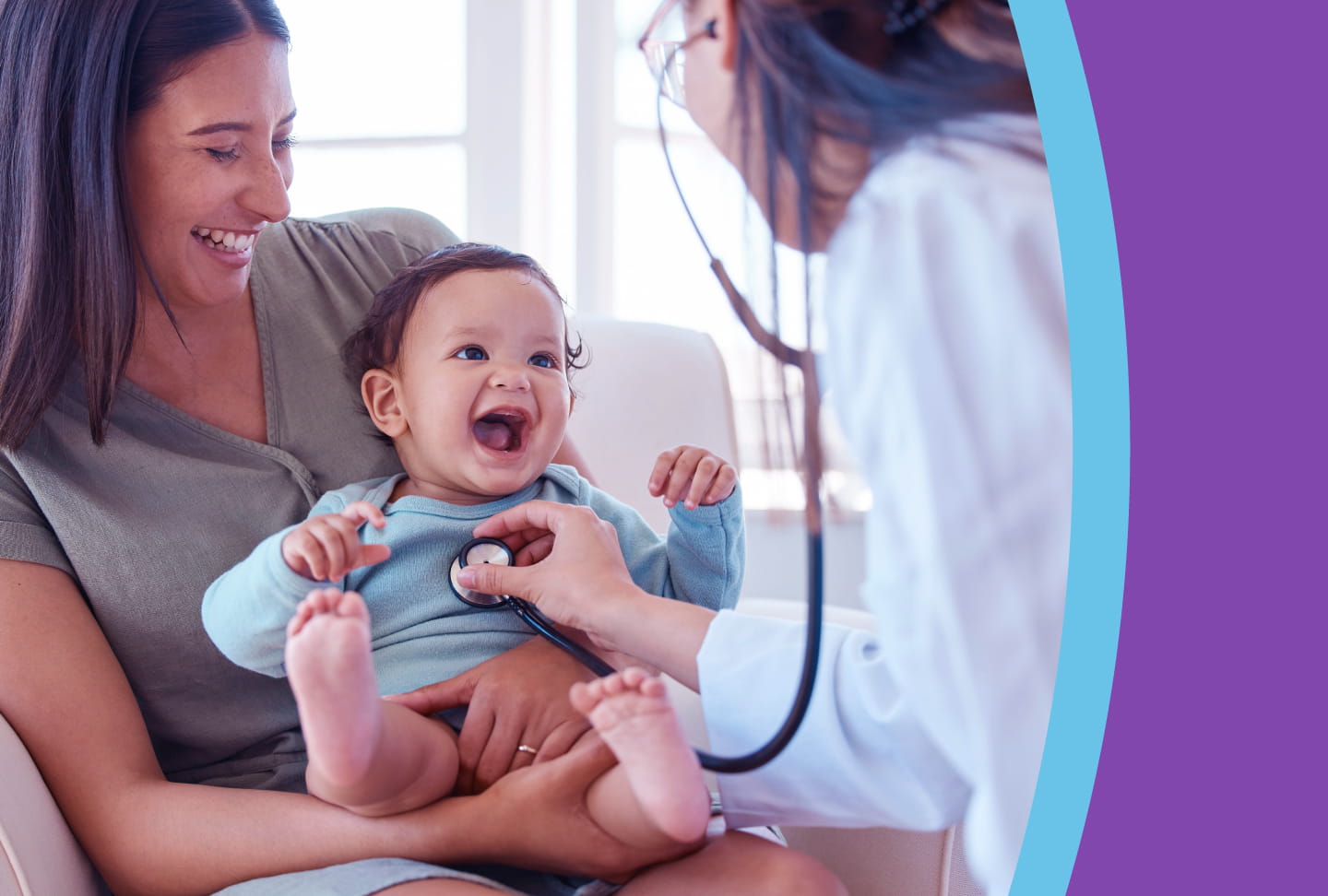 Person holding child, doctor listening to child's heart with stethoscope